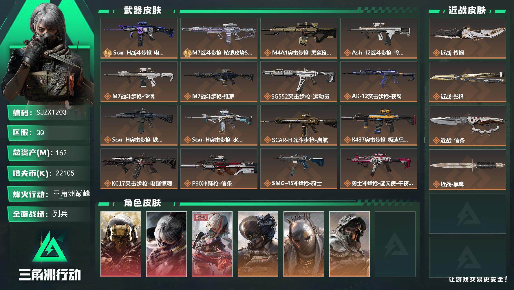 三角洲行动账号QQ【SJZX1203】总资产(M)：162M/哈夫币(K)：22105K/哈夫币(K)：22105K/