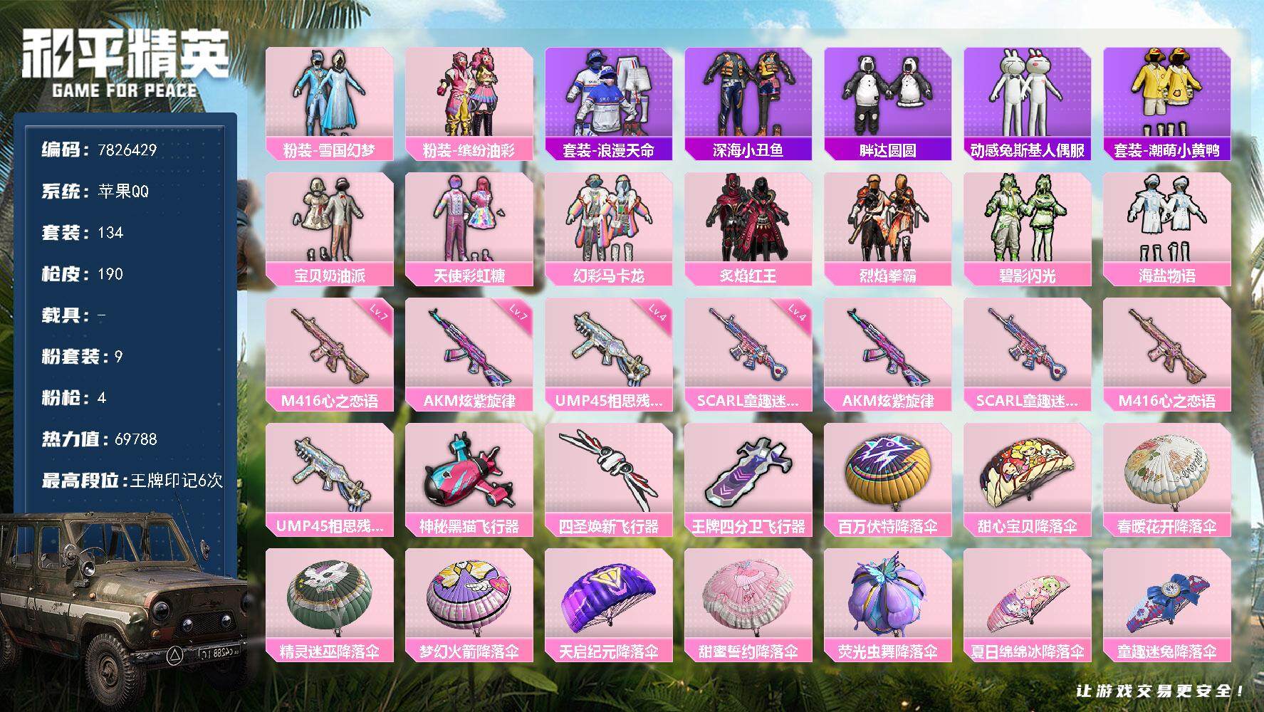 和平精英账号苹果QQYZJ7473-可二次 苹果Q-69788热力值 【精品女号 雪国 彩虹糖两姐妹 猪妹 胖达圆圆 幻