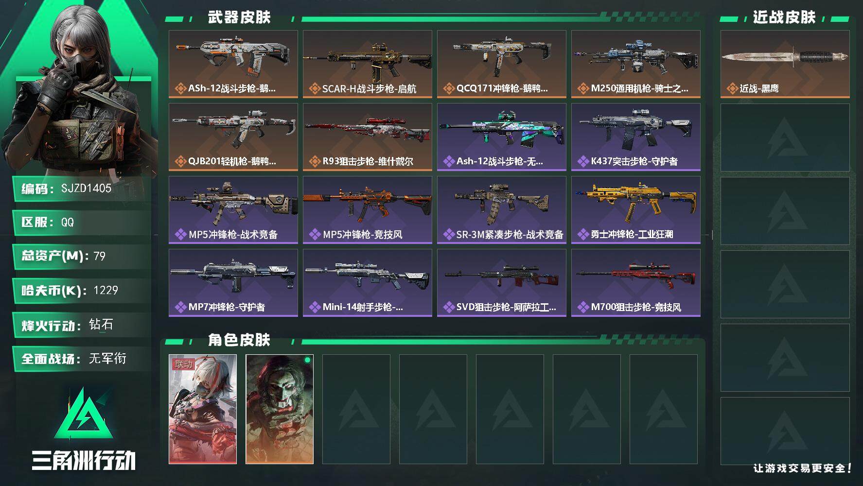 三角洲行动账号QQ【SJZD1405】总资产(M)：79M/哈夫币(K)：1229K/哈夫币(K)：1229K/传说枪
