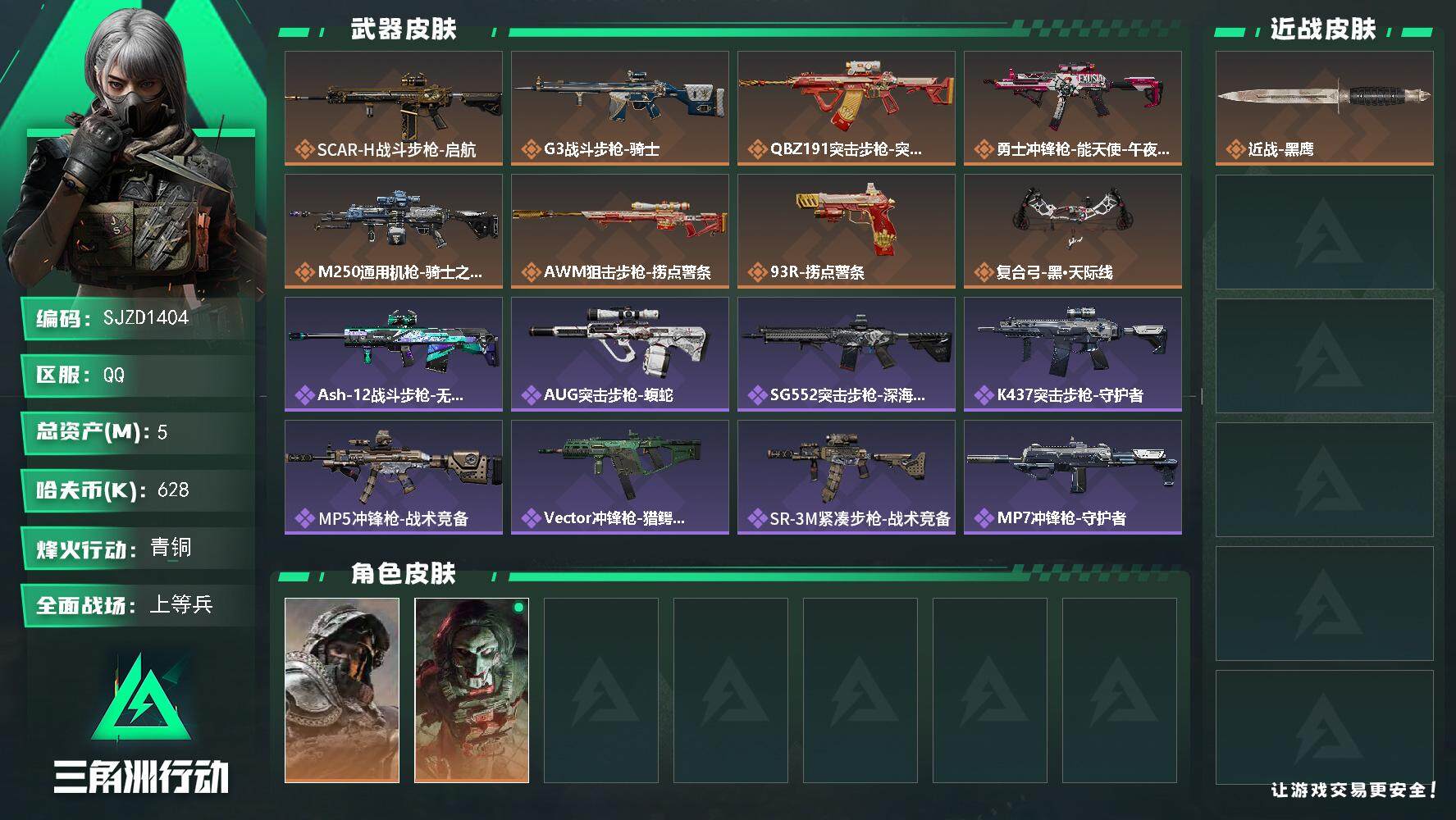 三角洲行动账号QQ【SJZD1404】总资产(M)：5M/哈夫币(K)：628K/哈夫币(K)：628K/全面战场等级：36_段位：上等兵/烽火地带等级：50_段位：青铜/深蓝-不破誓约/红狼-电锯惊魂/近战-黑鹰/