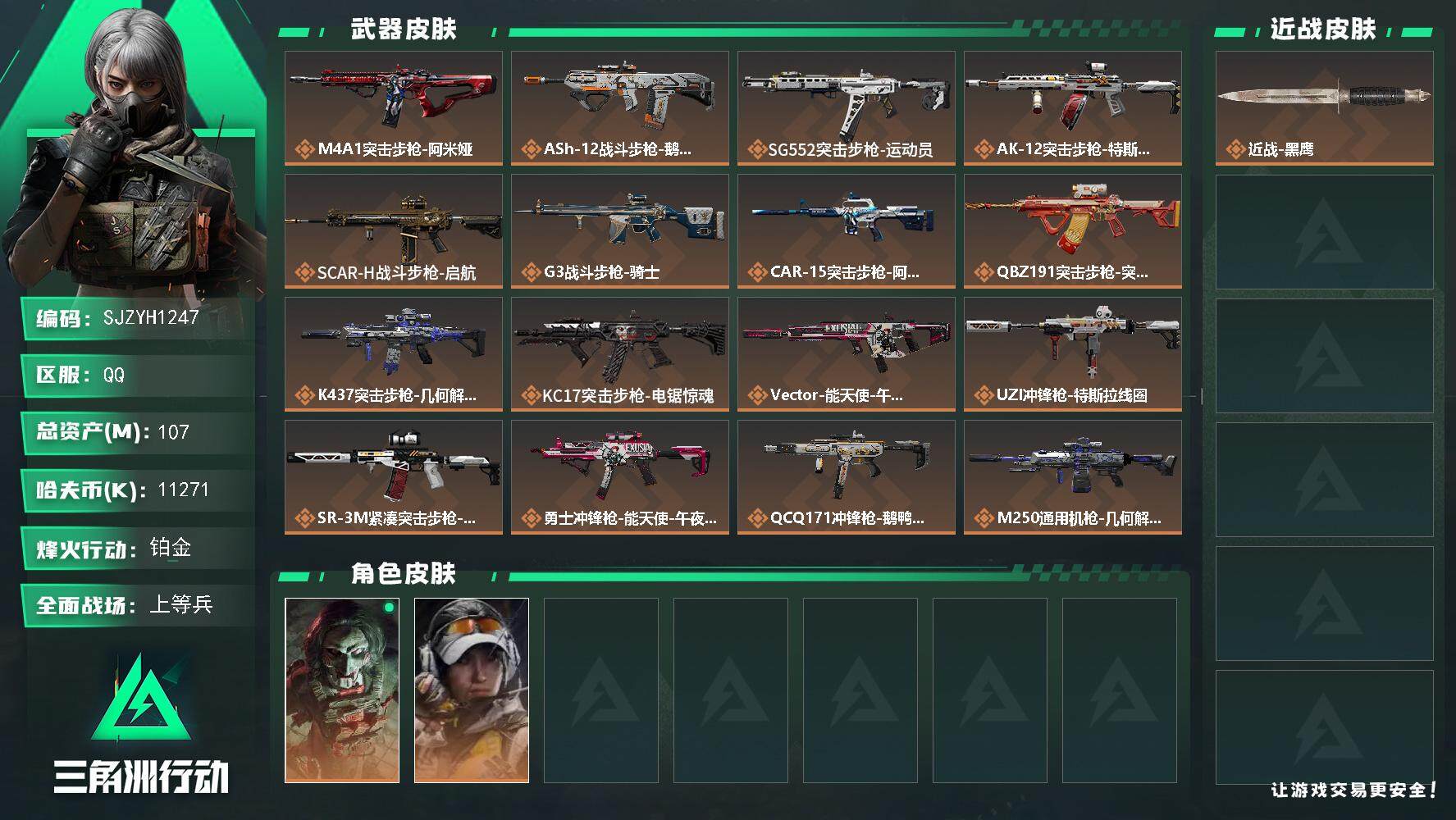 三角洲行动账号QQ【SJZYH1247】总资产(M)：107M/哈夫币(K)：11271K/哈夫币(K)：11271K/全面战场等级：16_段位：上等兵/烽火地带等级：60_段位：铂金/红狼-电锯惊魂/露娜-金牌射手