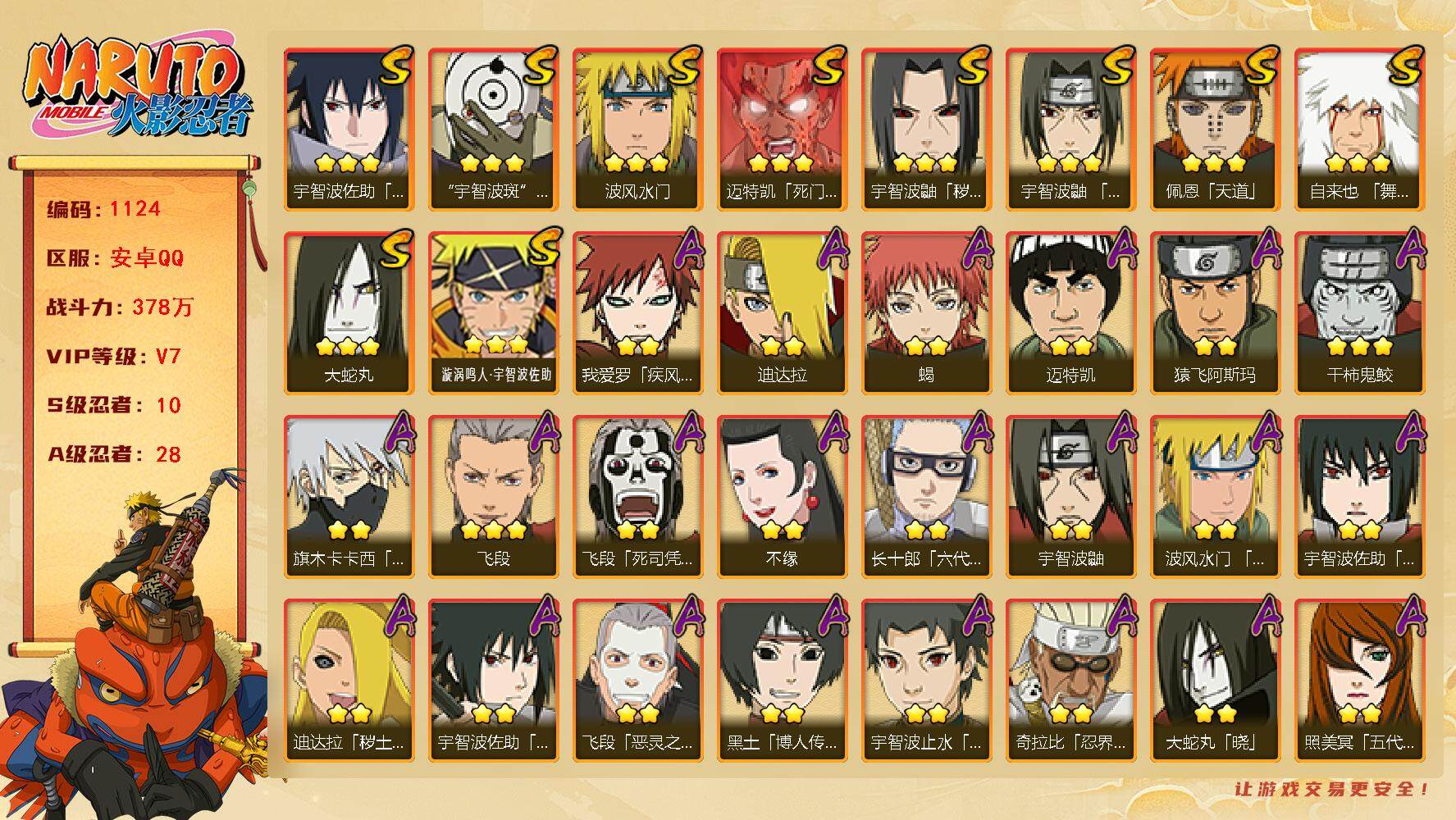 火影忍者账号安卓QQv7 10S 28A 378万战力 九水门79片 zp3349
【S级忍者】：宇智波鼬「秽土转生」(3星)，宇智波鼬「须佐能乎」(3星)，自来也「舞之豪杰」(3星)，大蛇丸(3星)，波风水门(3星)