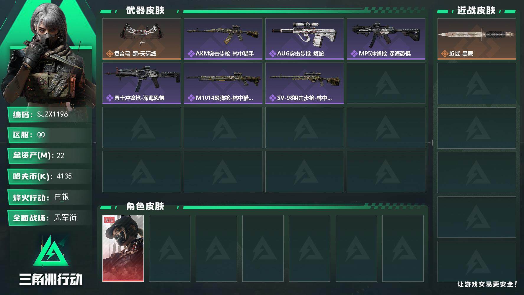 三角洲行动账号QQ【SJZX1196】总资产(M)：22M/哈夫币(K)：4135K/哈夫币(K)：4135K/全面战