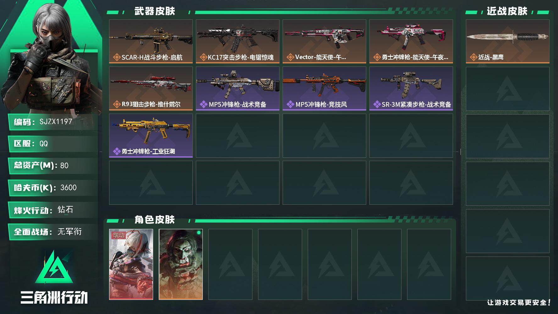 三角洲行动账号QQ【SJZX1197】总资产(M)：80M/哈夫币(K)：3600K/哈夫币(K)：3600K/全面战场等级：1_段位：无段位/烽火地带等级：50_段位：钻石/骇爪-维什戴尔/红狼-电锯惊魂/近战-黑