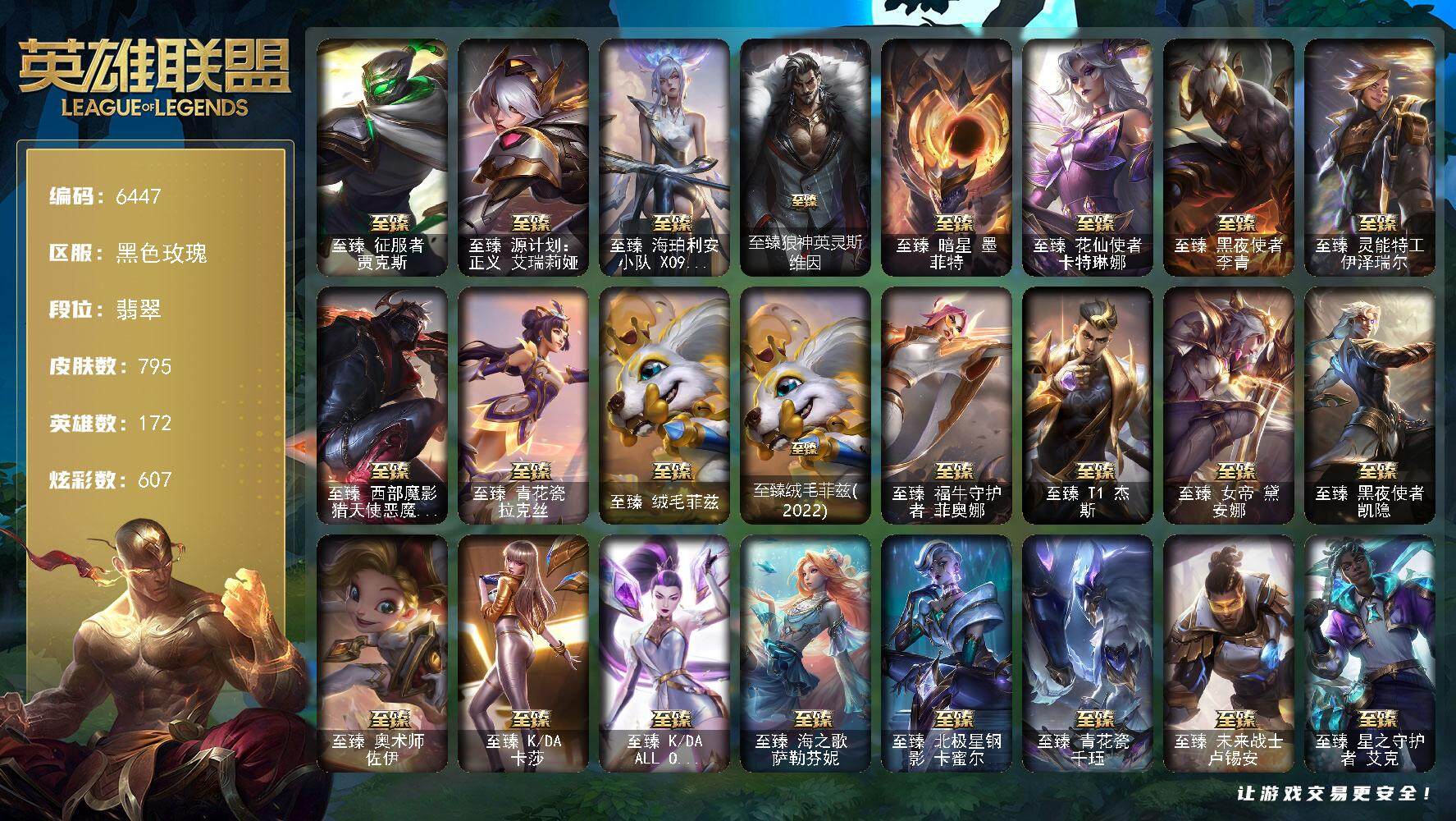 英雄联盟账号电信172英雄-795皮肤-172英雄/795皮肤/2终极/37神话/115限定/16臻彩/607炫彩/