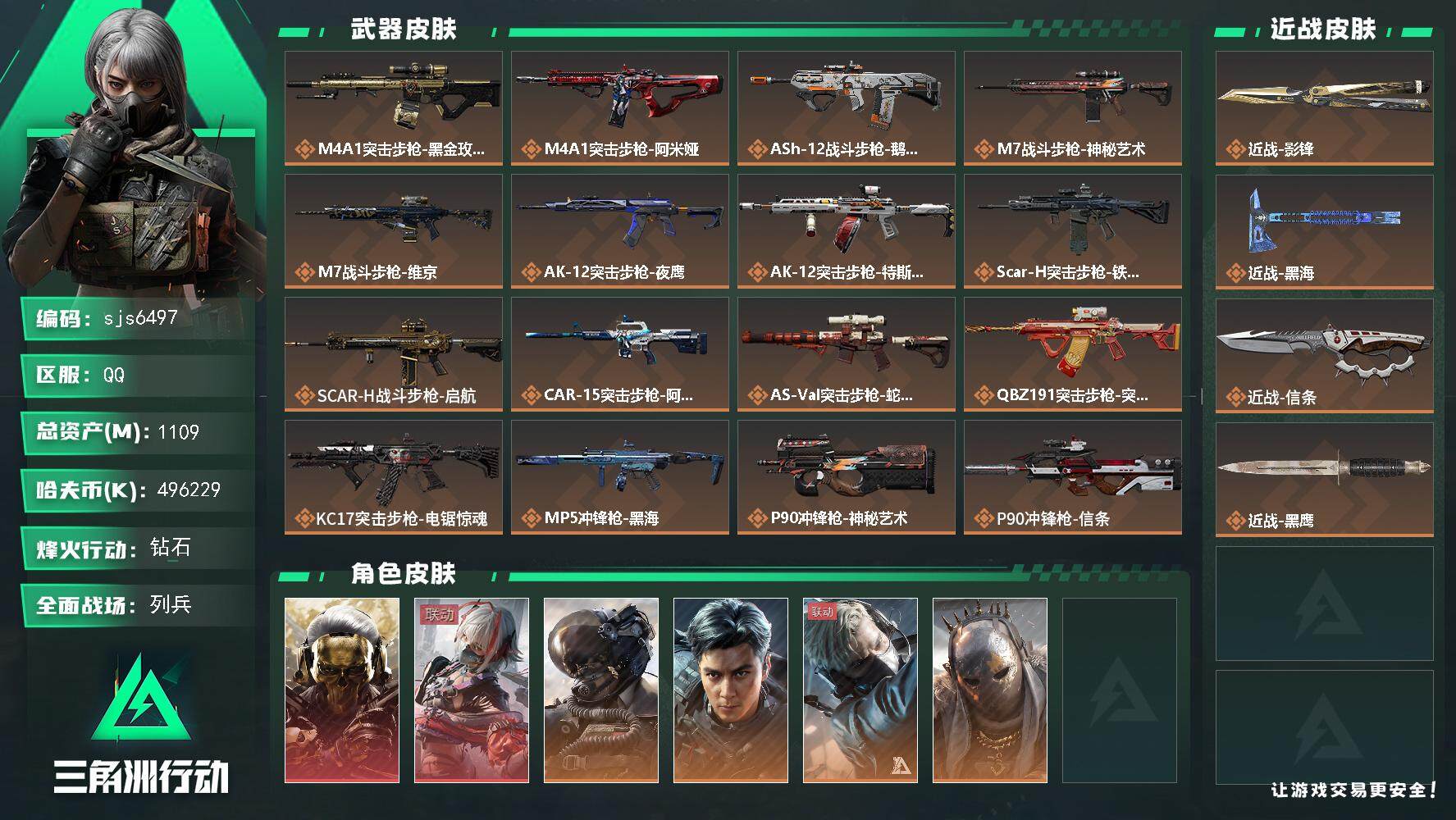 三角洲行动账号QQ【sjs6497】1.1b总资产 现金400 影锋 黑海 飞虎 红狼 维什戴尔 烽火地带段位: 钻石