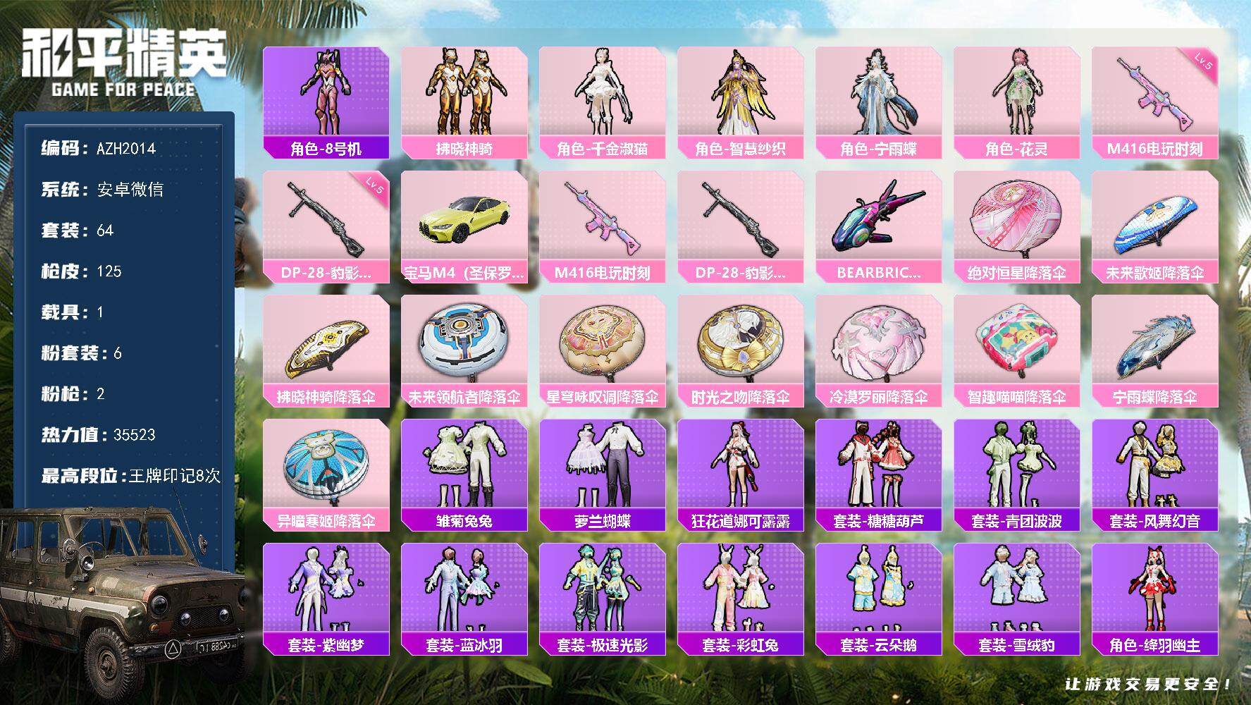 和平精英账号安卓微信1载具-64套装-125枪皮-【AZH2014】安卓 微信【千金淑猫花灵 1载具宝马M4（圣保罗黄）