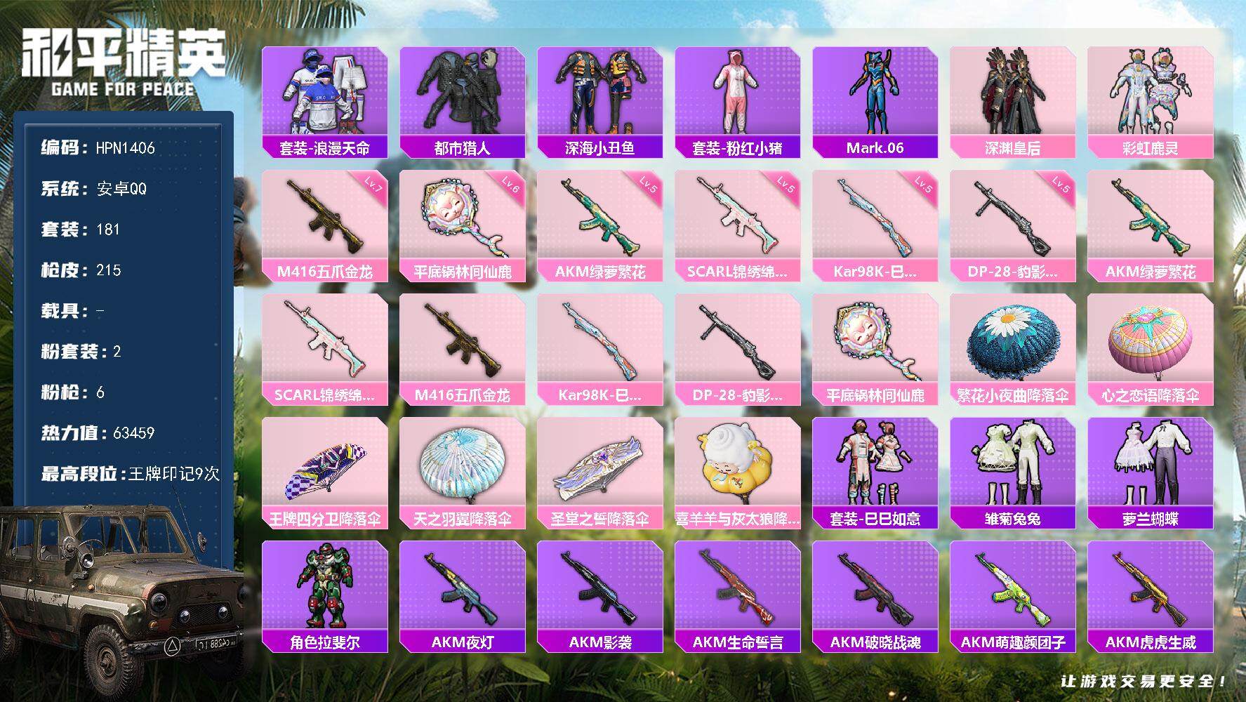 和平精英账号安卓QQ【N1406】181套装/枪械6/装备223/战备141/王牌印记9/热力值63459/五级AKM-
