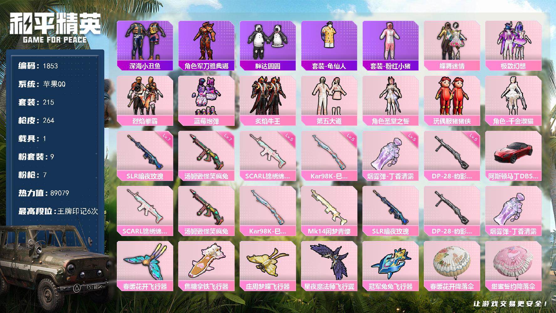 和平精英账号苹果QQ1载具-215套装-264枪皮-215套装/枪械7/装备360/载具1/战备209/王牌印记6/热力