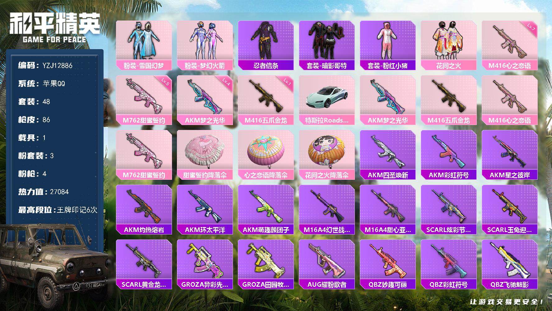 和平精英账号苹果QQYZJ12886 可二次 苹果Q-1载具3粉装4特效枪9热门48套装86枪皮 27084热力值 6印