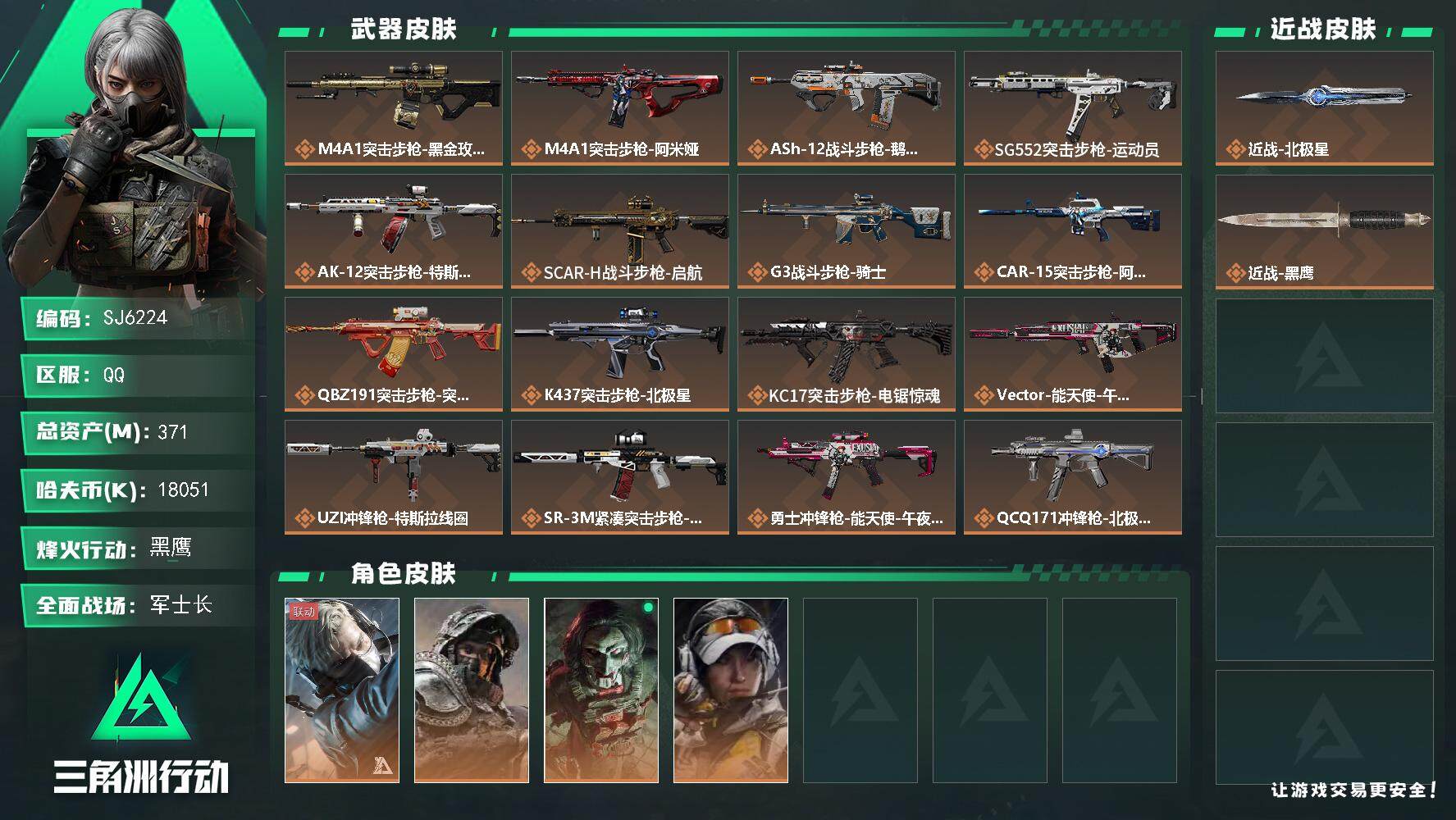 三角洲行动账号QQ【SJ6224】总资产(M)：371M/哈夫币(K)：18051K/哈夫币(K)：18051K/传说枪皮数：23/全面战场等级：19_段位：军士长/烽火地带等级：60_段位：黑鹰/蜂医-送葬人·无题