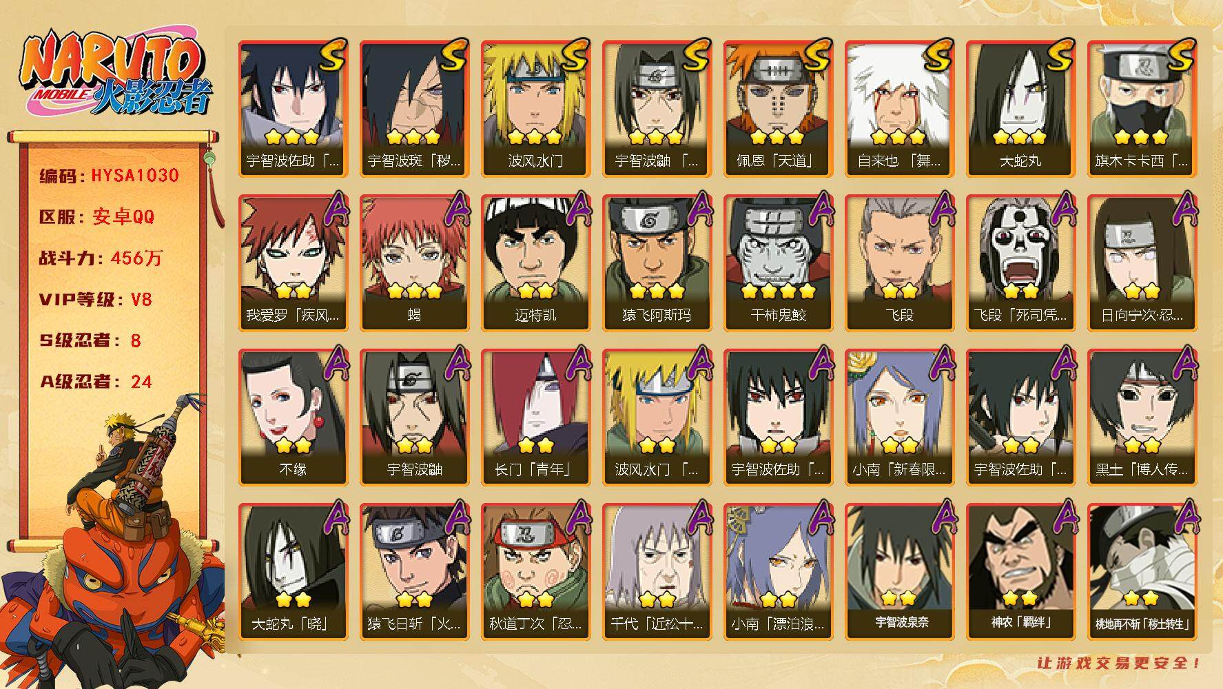 火影忍者账号安卓QQ【HYSA1030】V8/战力456W/S忍8/A忍24/通灵兽14/4星干柿鬼鲛/2星日向宁次「忍界大战」/2星我爱罗「疾风传」/2星飞段「死司凭血」/2星宇智波鼬/3星宇智波佐助「永恒万花筒」/