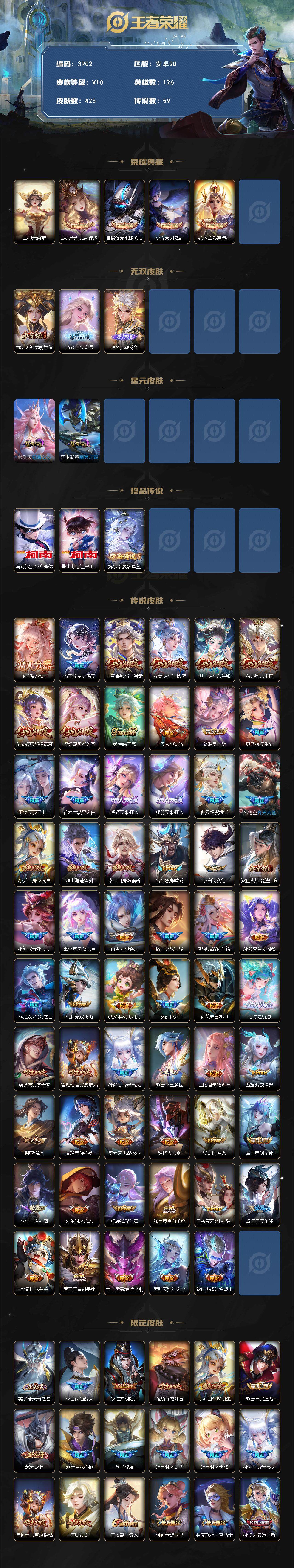 王者荣耀账号安卓QQ安卓Q-V10-最强王者段位-126英雄-425皮肤-4典藏皮肤-1典藏英雄-3无双-3珍品传说-5