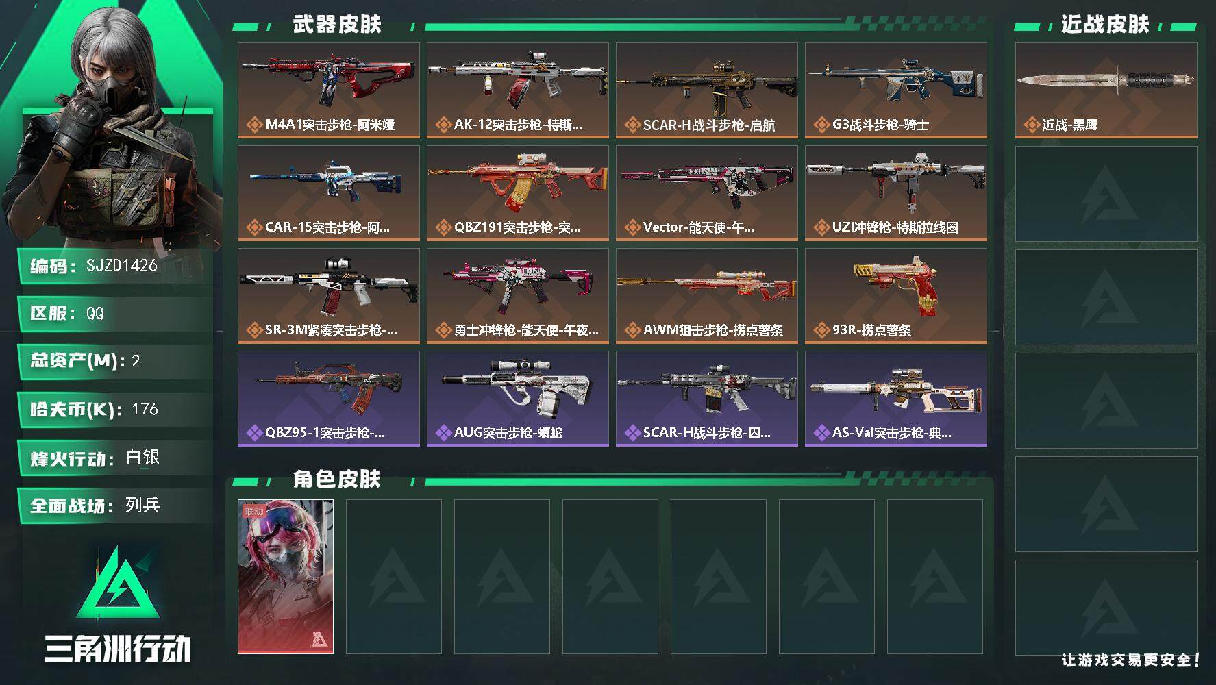 三角洲行动账号QQ【SJZD1426】总资产(M)：2M/哈夫币(K)：176K/哈夫币(K)：176K/全面战场等级：9_段位：列兵/烽火地带等级：36_段位：白银/蛊-能天使午夜邮差/近战-黑鹰/M4A1突击步枪