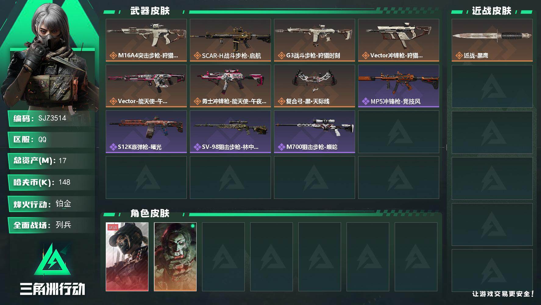 三角洲行动账号QQ【SJZ3514】总资产(M)：17M/哈夫币(K)：148K/哈夫币(K)：148K/全面战场等级：11_段位：列兵/烽火地带等级：60_段位：铂金/露娜-黑·天际线/红狼-电锯惊魂/近战-黑鹰/