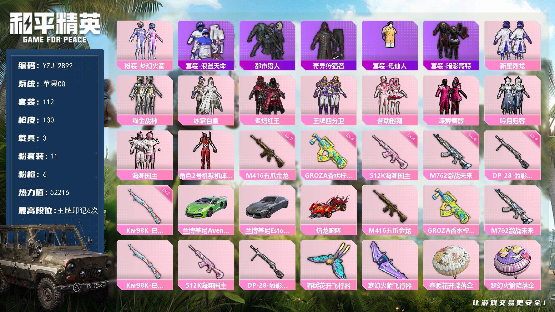 和平精英账号苹果QQYZJ12892 可二次 苹果Q-3稀有3载具11粉装6特效枪23热门112套装130枪皮 5221