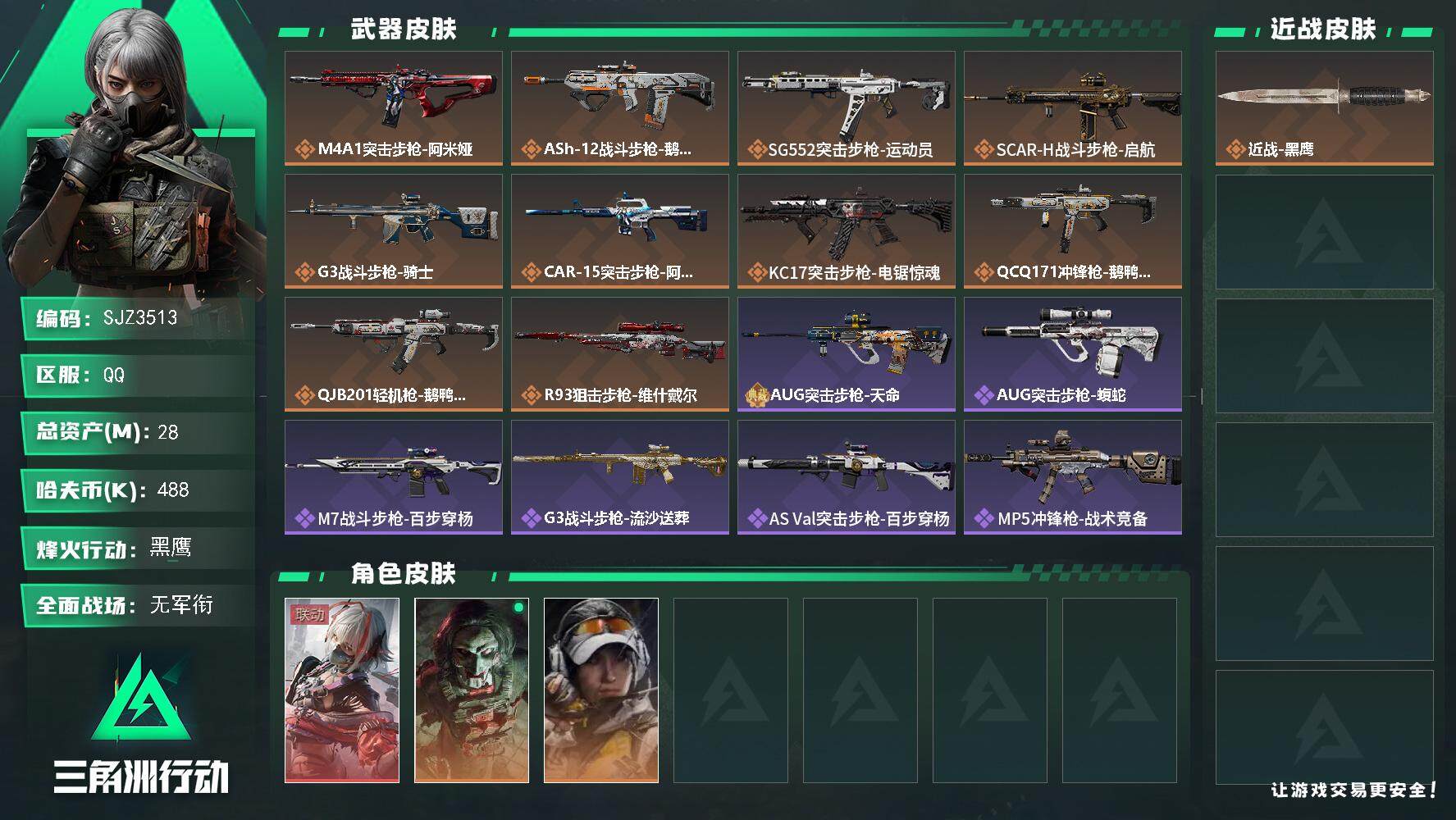 三角洲行动账号QQ【SJZ3513】总资产(M)：28M/哈夫币(K)：488K/哈夫币(K)：488K/全面战场等级