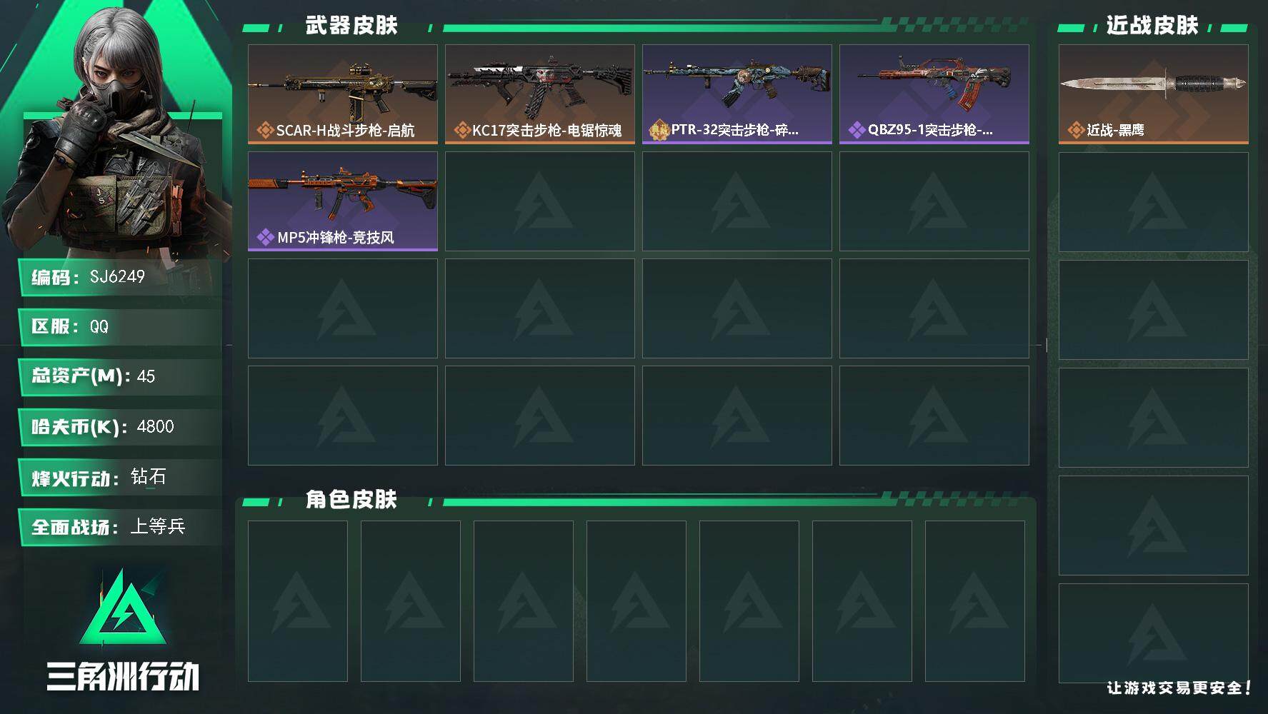 三角洲行动账号QQ【SJ6249】总资产(M)：45M/哈夫币(K)：4800K/哈夫币(K)：4800K/全面战场等