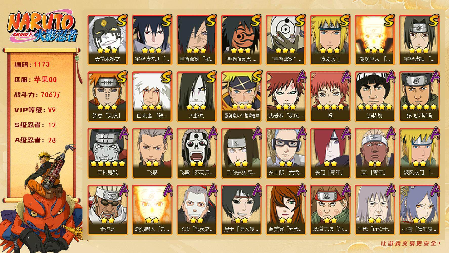 火影忍者账号苹果QQV9 12S 28A 706万战力 2500金币 785点卷 35高招卷 热门A恶灵飞段、漂泊小南。卡卡西75片、创立柱间65片、自来也48片、金水门51片、传说自来也68片、止水55片、秽土长门7