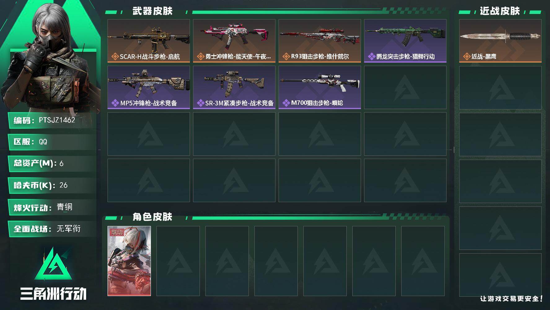 三角洲行动账号QQ【PTSJZ1462】【最新上架】6m总资产-26k哈伏币-36烽火等级-青铜-1战场等级-无军衔
