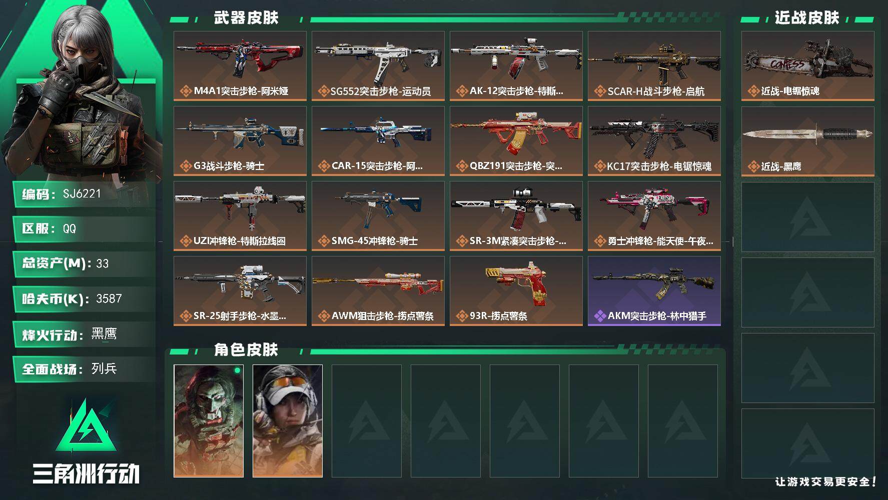 三角洲行动账号QQ【SJ6221】总资产(M)：33M/哈夫币(K)：3587K/哈夫币(K)：3587K/传说枪皮数