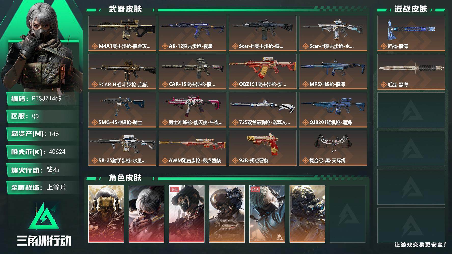 三角洲行动账号QQ【PTSJZ1469】【最新上架】总资产：148M  部门任务：33322             