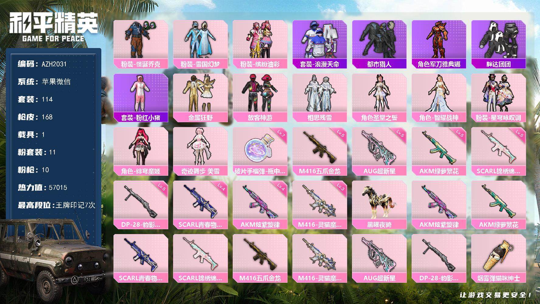 和平精英账号苹果微信【AZH2031】苹果 微信【小丑雪国猪脸放客神游都市美雪 五级超新星AUG满级手雷-瓶中星球 粉熊