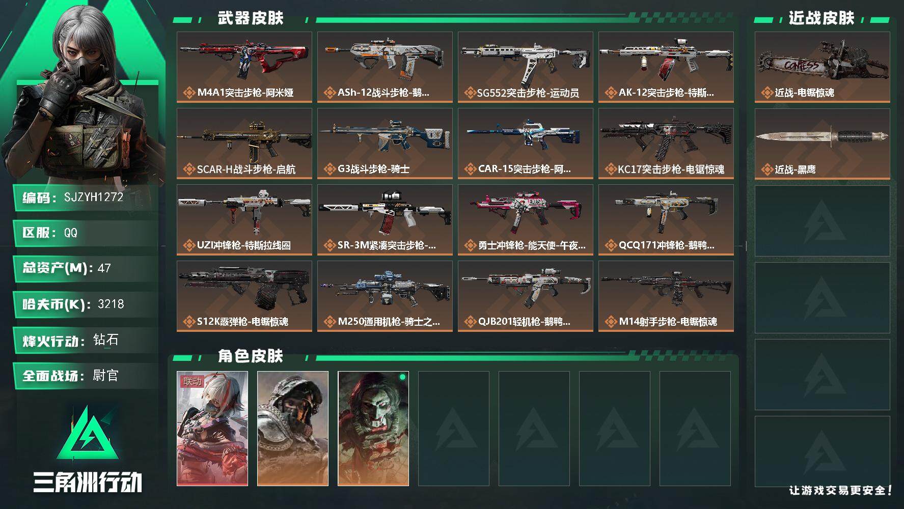 三角洲行动账号QQ【SJZYH1272】总资产(M)：47M/哈夫币(K)：3218K/哈夫币(K)：3218K/全面战场等级：35_段位：尉官/烽火地带等级：60_段位：钻石/骇爪-维什戴尔/深蓝-不破誓约/红狼-