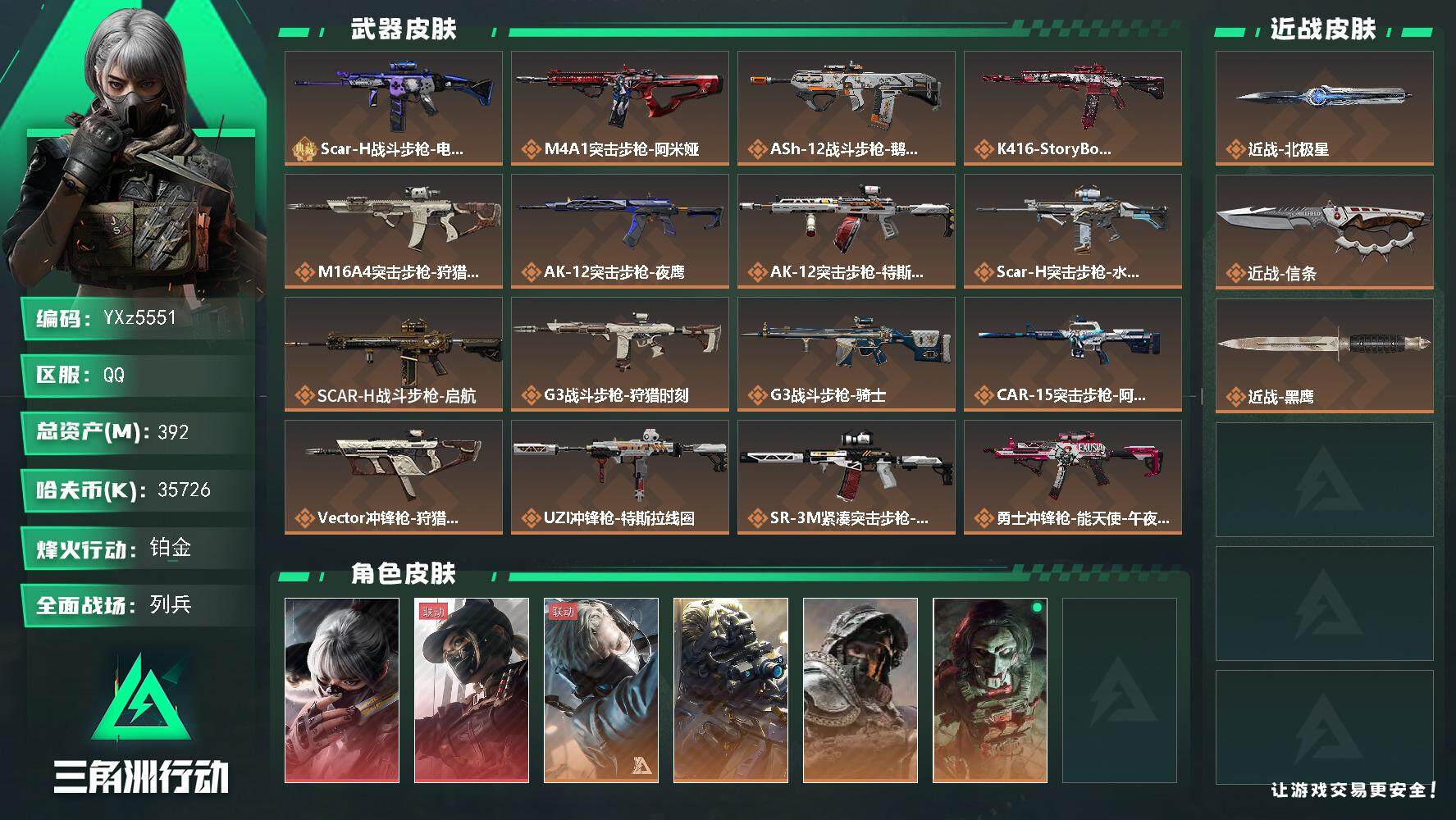 三角洲行动账号QQ【热门皮肤号+北极星热门号-高额资产392M：双红+双刀-水墨云图+黑天际线+北极星+信条】【典藏外