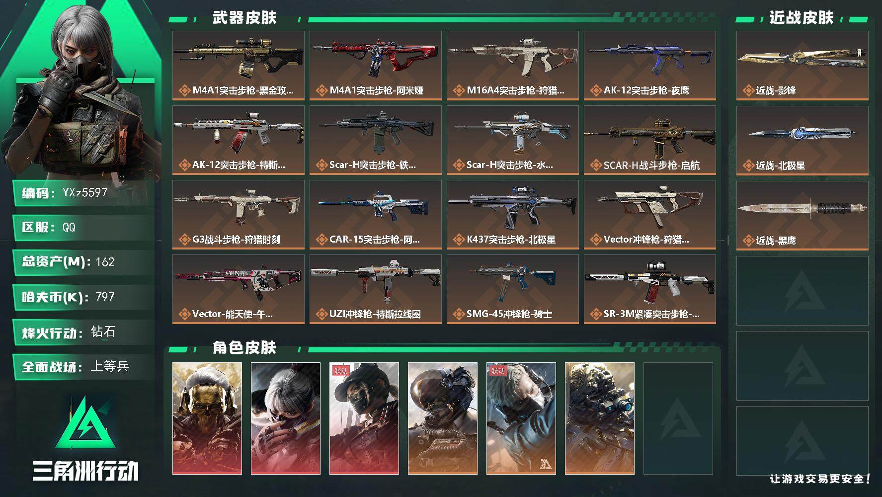 三角洲行动账号QQ【热门皮肤号：三红+双刀-蚀金玫瑰+水墨云图+黑天际线+北极星+影锋】【Q区三端互通】【无二次】YX