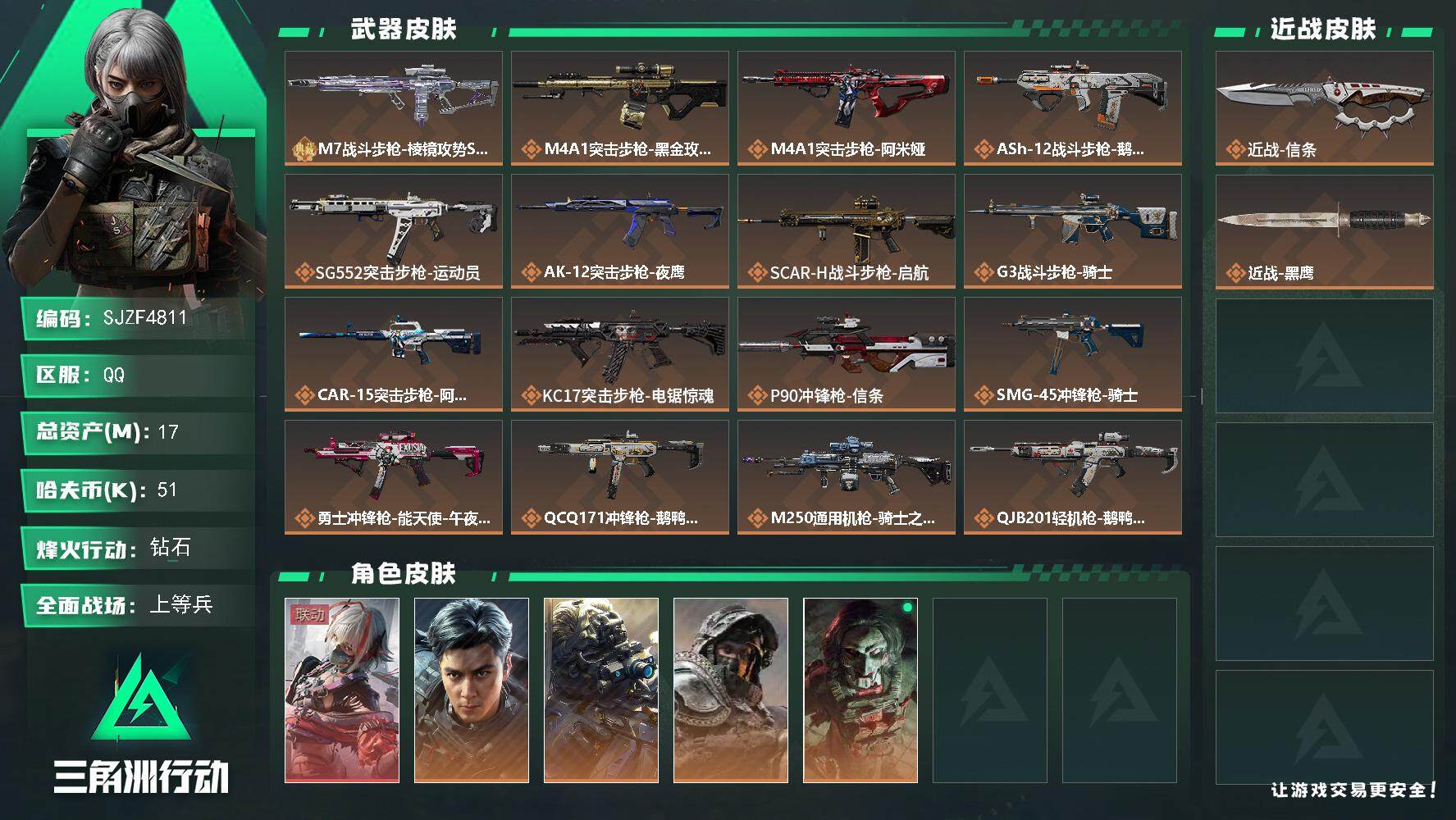 三角洲行动账号QQ【SJZF4811】总资产(M)：17M/哈夫币(K)：51K/哈夫币(K)：51K/全面战场等级：36_段位：上等兵/烽火地带等级：60_段位：钻石/骇爪-维什戴尔/威龙-飞虎/无名-夜鹰/深蓝-