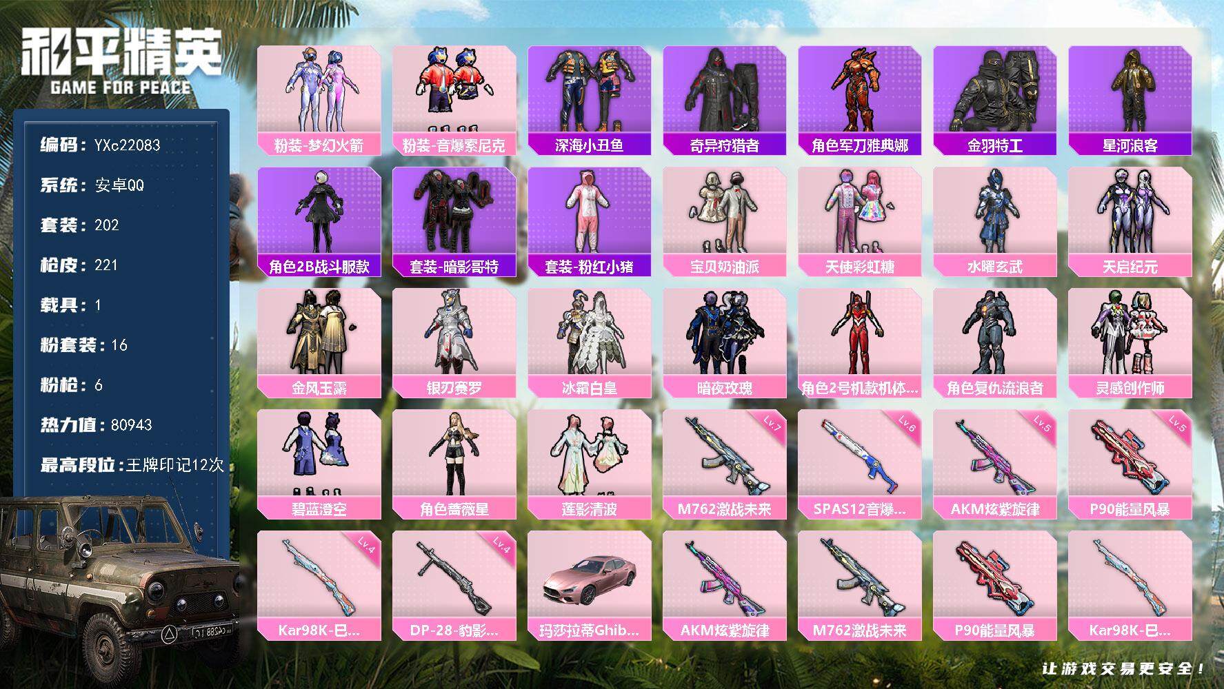 和平精英账号安卓QQ1载具-202套装-221枪皮-【粉玛莎 红螳螂 新101 哥特】YXc22083-【可二次】【因赛