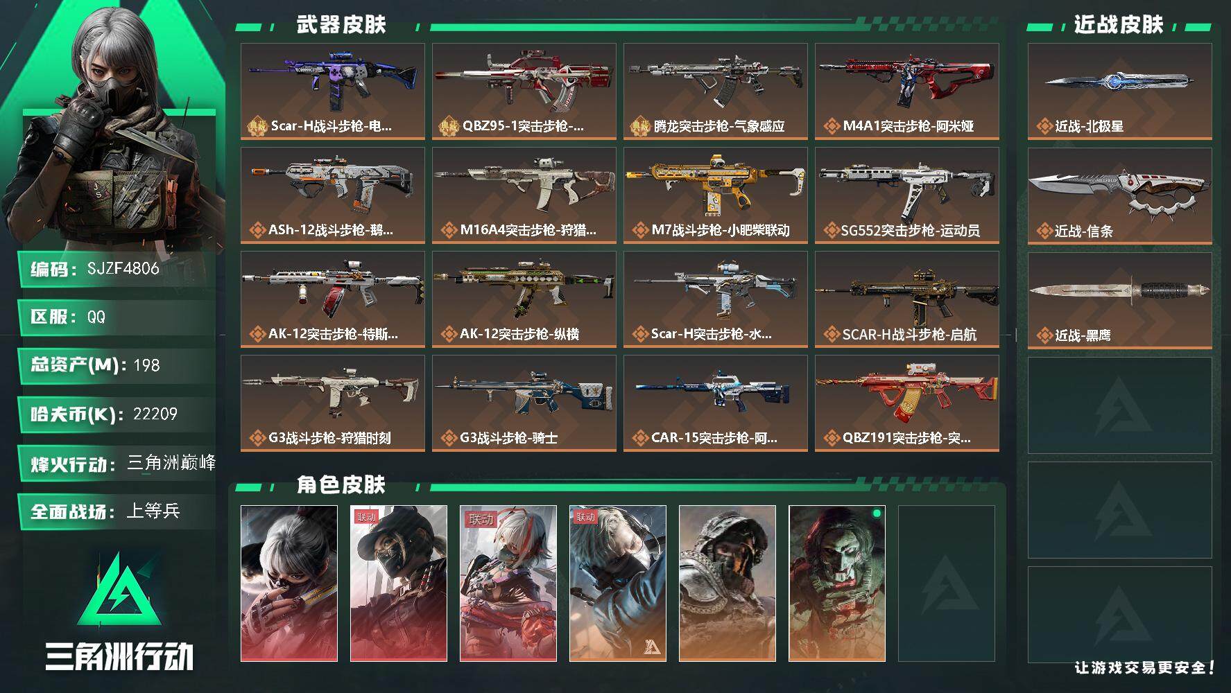 三角洲行动账号QQ【SJZF4806】总资产(M)：198M/哈夫币(K)：22209K/哈夫币(K)：22209K/全面战场等级：50_段位：上等兵/烽火地带等级：60_段位：三角洲巅峰/非洲之心/骇爪-水墨云图/