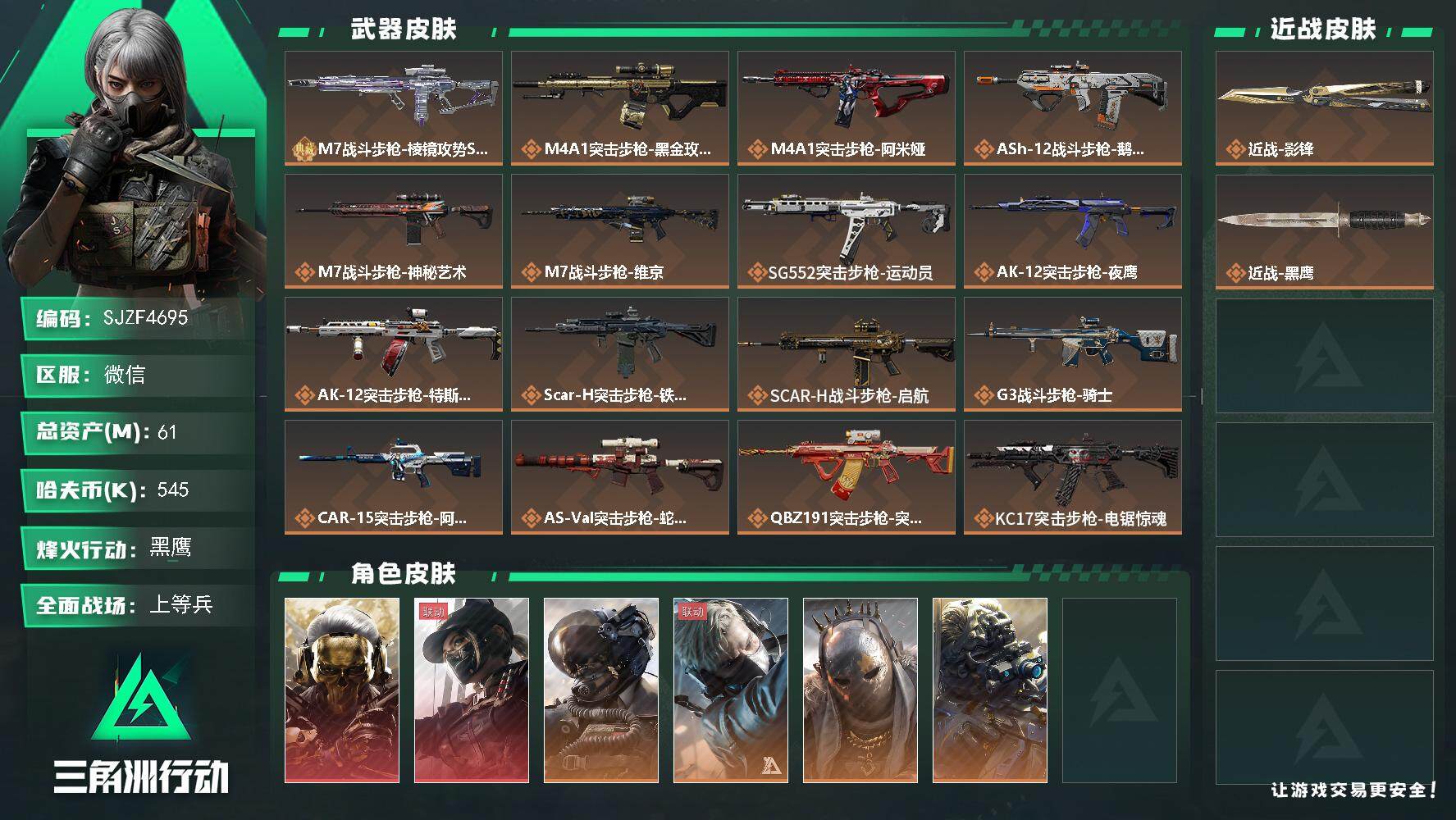 三角洲行动账号VX【SJZF4695】总资产(M)：61M/哈夫币(K)：545K/哈夫币(K)：545K/传说枪皮数：32/全面战场等级：38_段位：上等兵/烽火地带等级：60_段位：黑鹰/红狼-蚀金玫瑰/露娜-黑