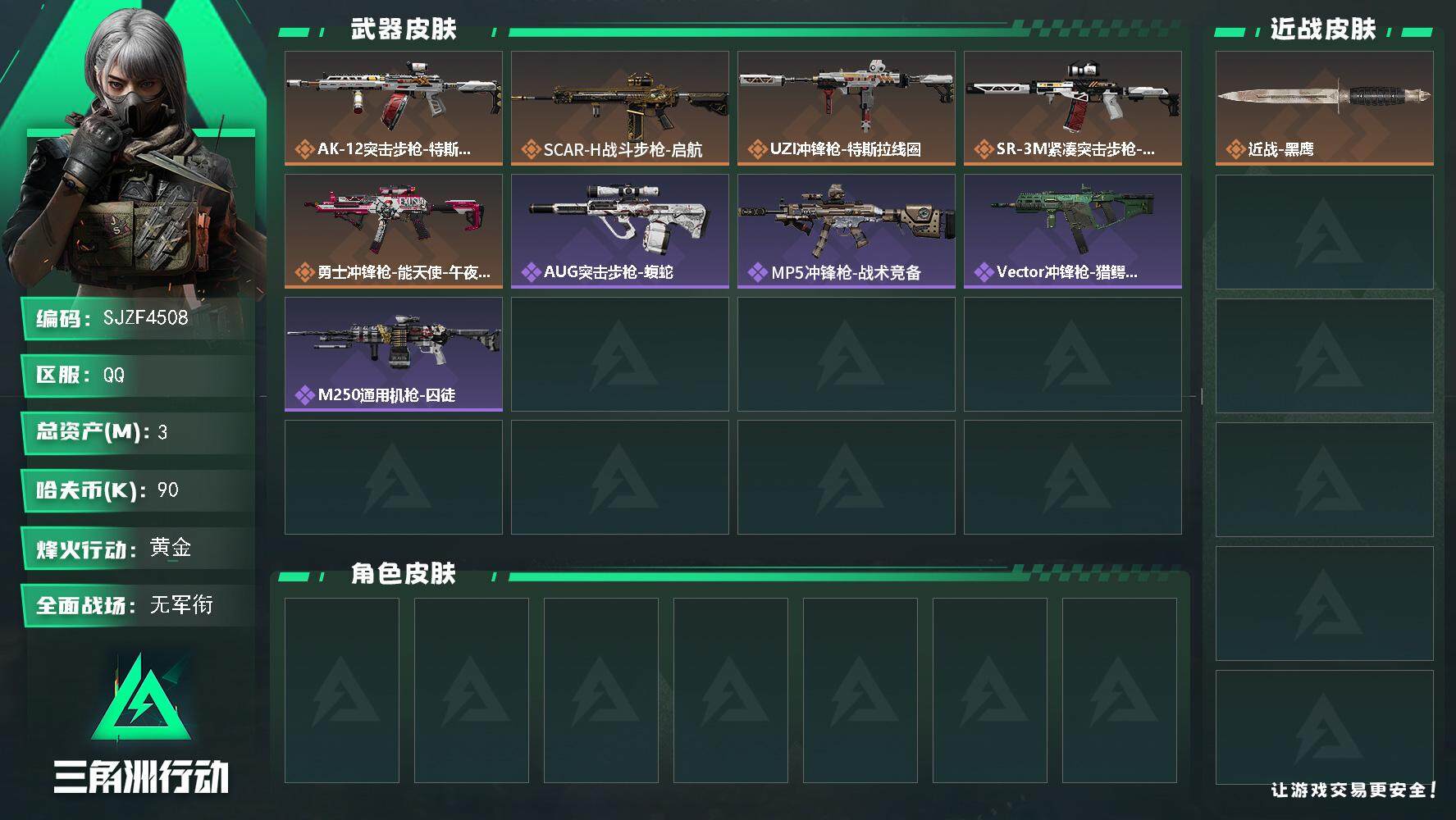 三角洲行动账号QQ【SJZF4508】总资产(M)：3M/哈夫币(K)：90K/哈夫币(K)：90K/全面战场等级：1_段位：无段位/烽火地带等级：35_段位：黄金/近战-黑鹰/AK-12突击步枪-特斯拉线圈/SCA