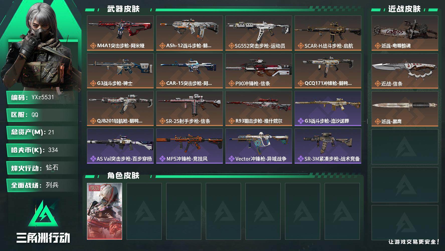 三角洲行动账号QQ【热门皮肤号：双刀+单红-信条+电锯惊魂刀皮+维什戴尔】【Q区三端互通】【【无二次协助处理】】YXz