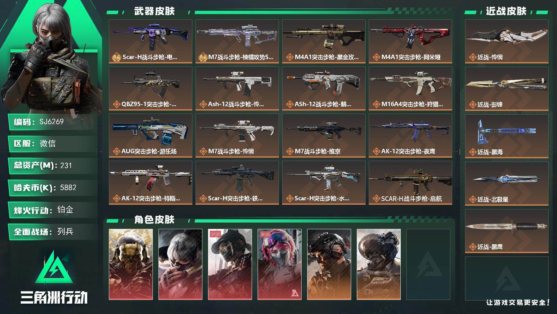 三角洲行动账号VX【SJ6269】总资产(M)：231M/哈夫币(K)：5882K/哈夫币(K)：5882K/全面战场