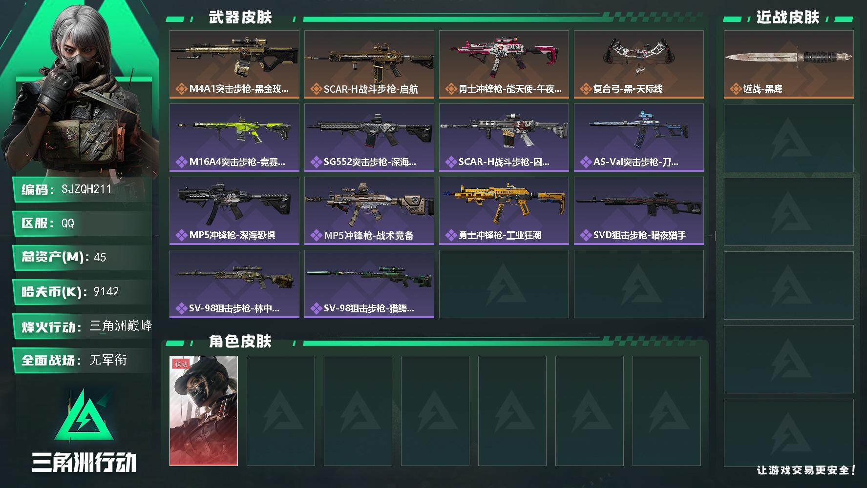 三角洲行动账号QQ【SJZQH211】总资产(M)：45M/哈夫币(K)：9142K/哈夫币(K)：9142K/全面战