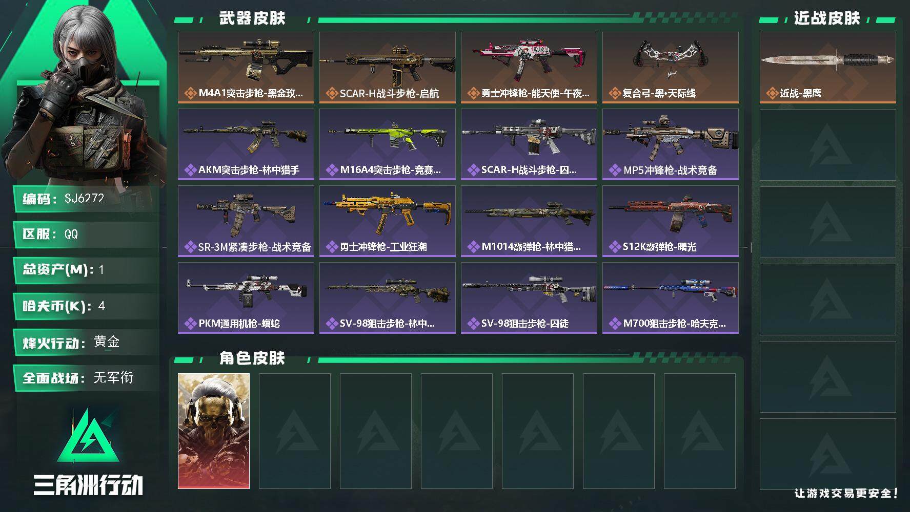 三角洲行动账号QQ【SJ6272】总资产(M)：1M/哈夫币(K)：4K/哈夫币(K)：4K/全面战场等级：4_段位：无段位/烽火地带等级：60_段位：黄金/红狼-蚀金玫瑰/近战-黑鹰/M4A1突击步枪-蚀金玫瑰/S