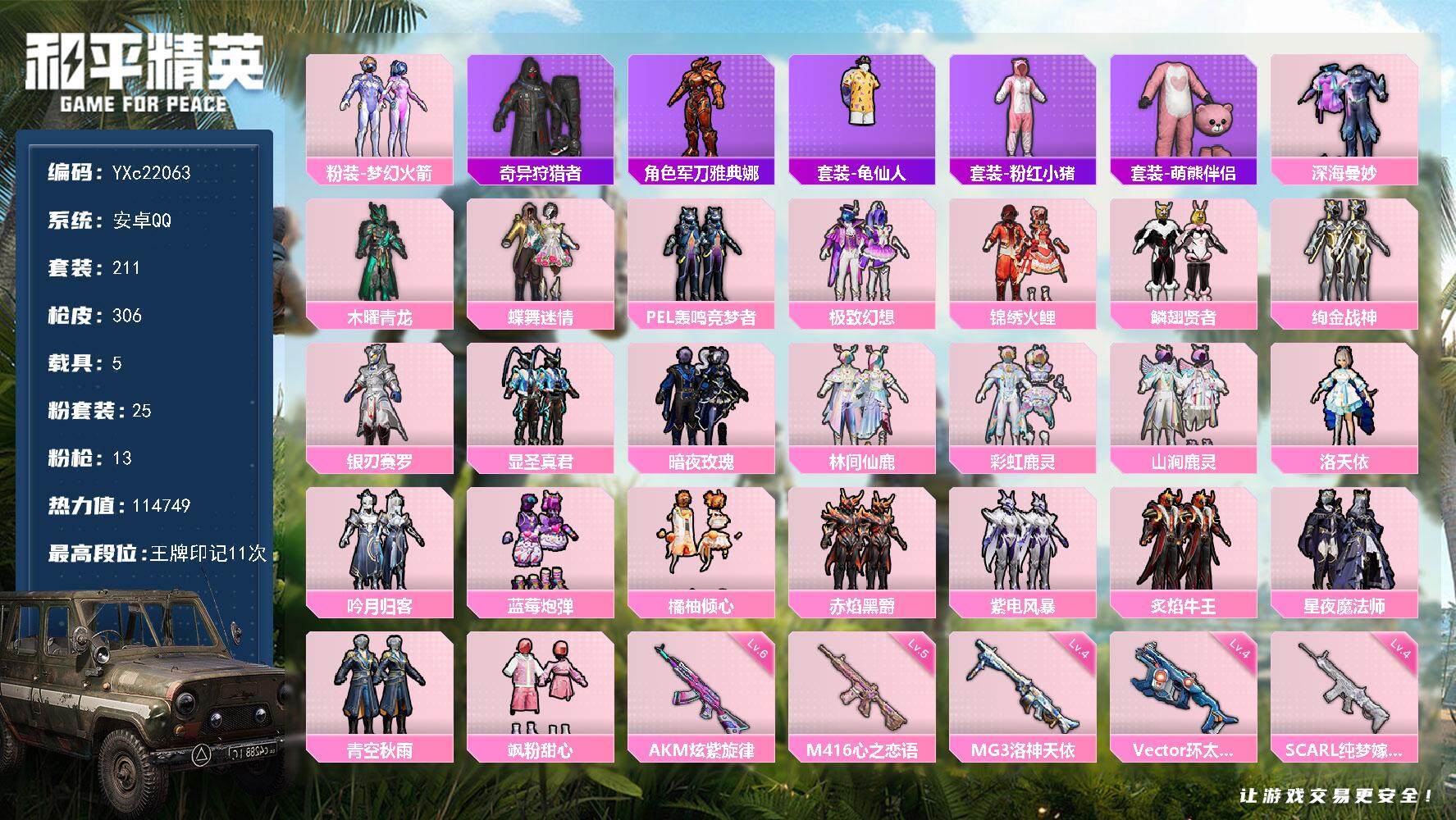 和平精英账号安卓QQ5载具-211套装-306枪皮-YXc22063-【可二次】【因赛季更新游戏段付以上号为准!】
 安