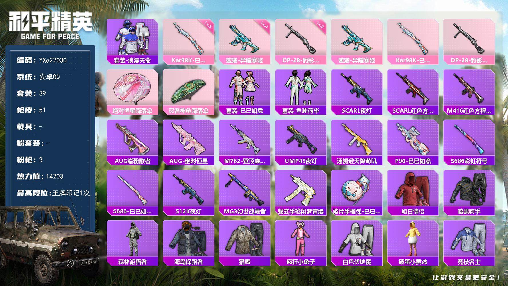 和平精英账号安卓QQ0载具-39套装-51枪皮-YXc22030-【可二次】【因赛季更新游戏段付以上号为准!】
 安卓Q