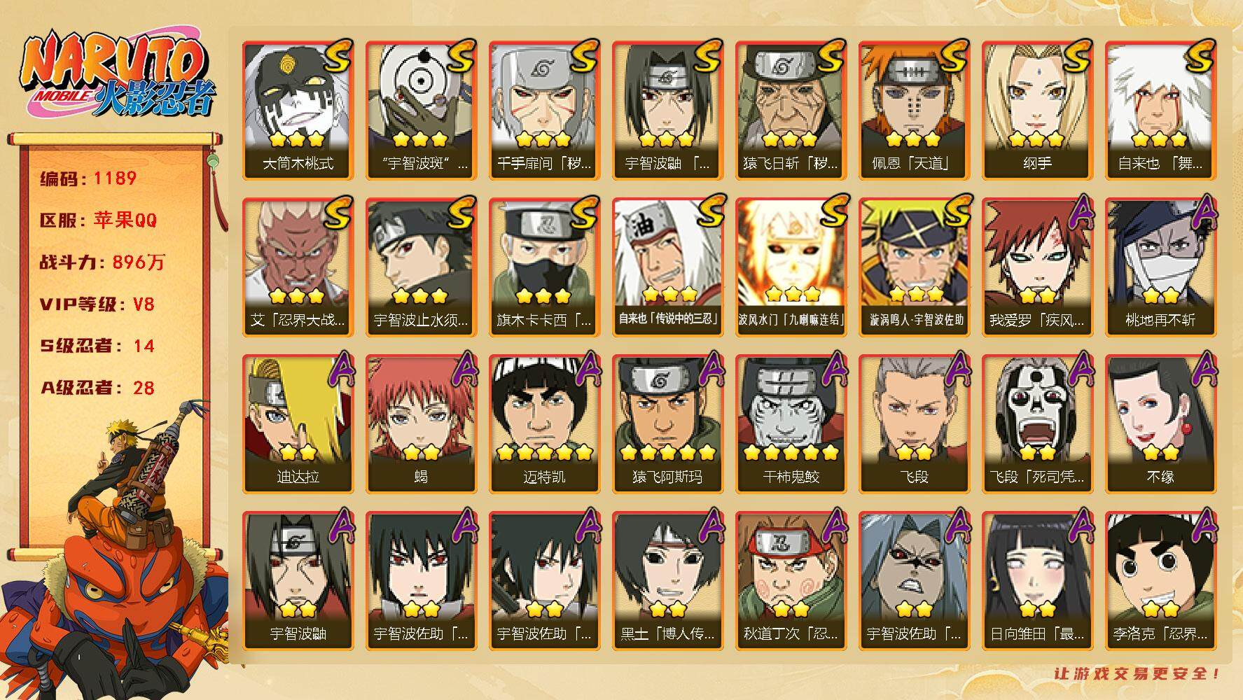 火影忍者账号苹果QQV8 896万战力 14S-28A 金币1.18万 有熊猫 日斩84片   TT1599
【S级忍者】：猿飞日斩「秽土转生」(3星)，千手扉间「秽土转生」(3星)，艾「忍界大战」(3星)，宇智波鼬「