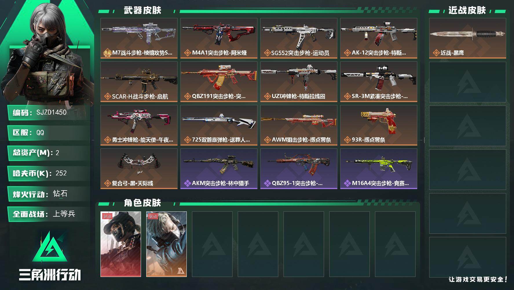 三角洲行动账号QQ【SJZD1450】总资产(M)：2M/哈夫币(K)：252K/哈夫币(K)：252K/传说枪皮数：