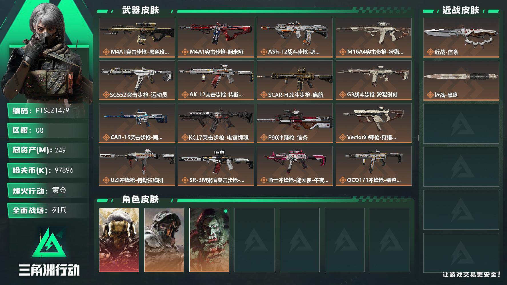 三角洲行动账号QQ【PTSJZ1479】【最新上架】总资产：249M       249m总资产-97896k哈伏币-