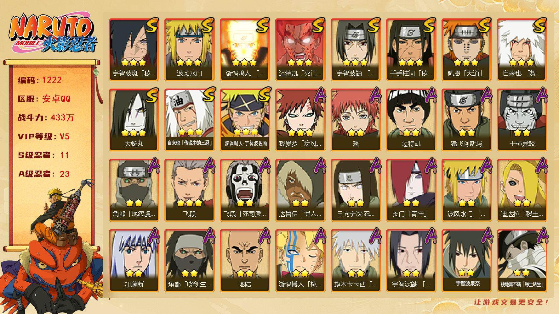 火影忍者账号安卓QQv5,433w战力，11S级忍者数-23A级忍者数，金水门49片，2.5w金币，热门A忍，夏日鼬，侠隐大野木等。ME1976
【S级忍者】：千手柱间「秽土转生」(3星)，宇智波斑「秽土转生·解」(3