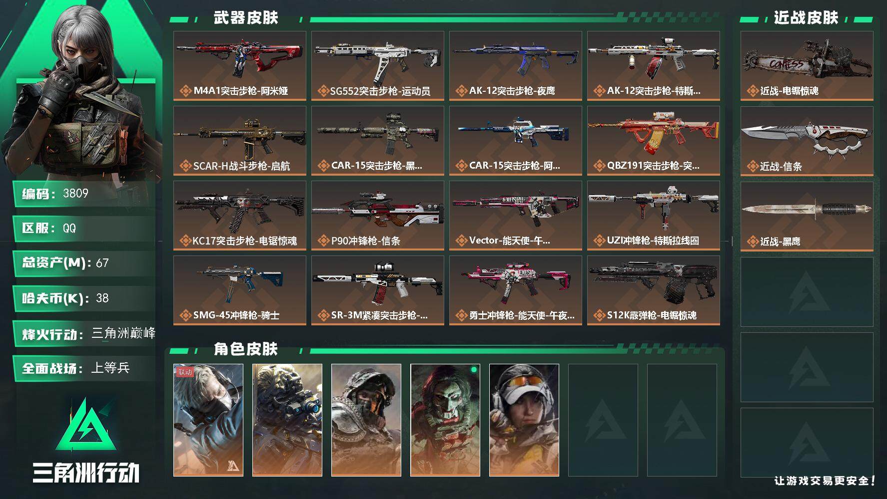 三角洲行动账号QQ总资产(M)：67M/哈夫币(K)：38K/哈夫币(K)：38K/全面战场等级：42_段位：上等兵/