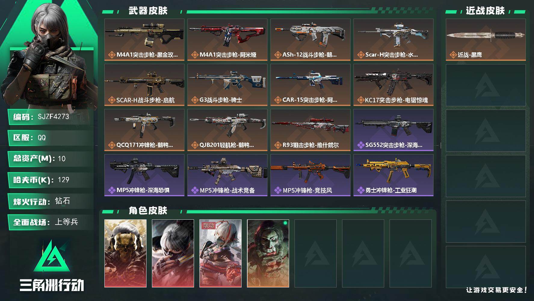 三角洲行动账号QQ【SJZF4273】总资产(M)：10M/哈夫币(K)：129K/哈夫币(K)：129K/全面战场等