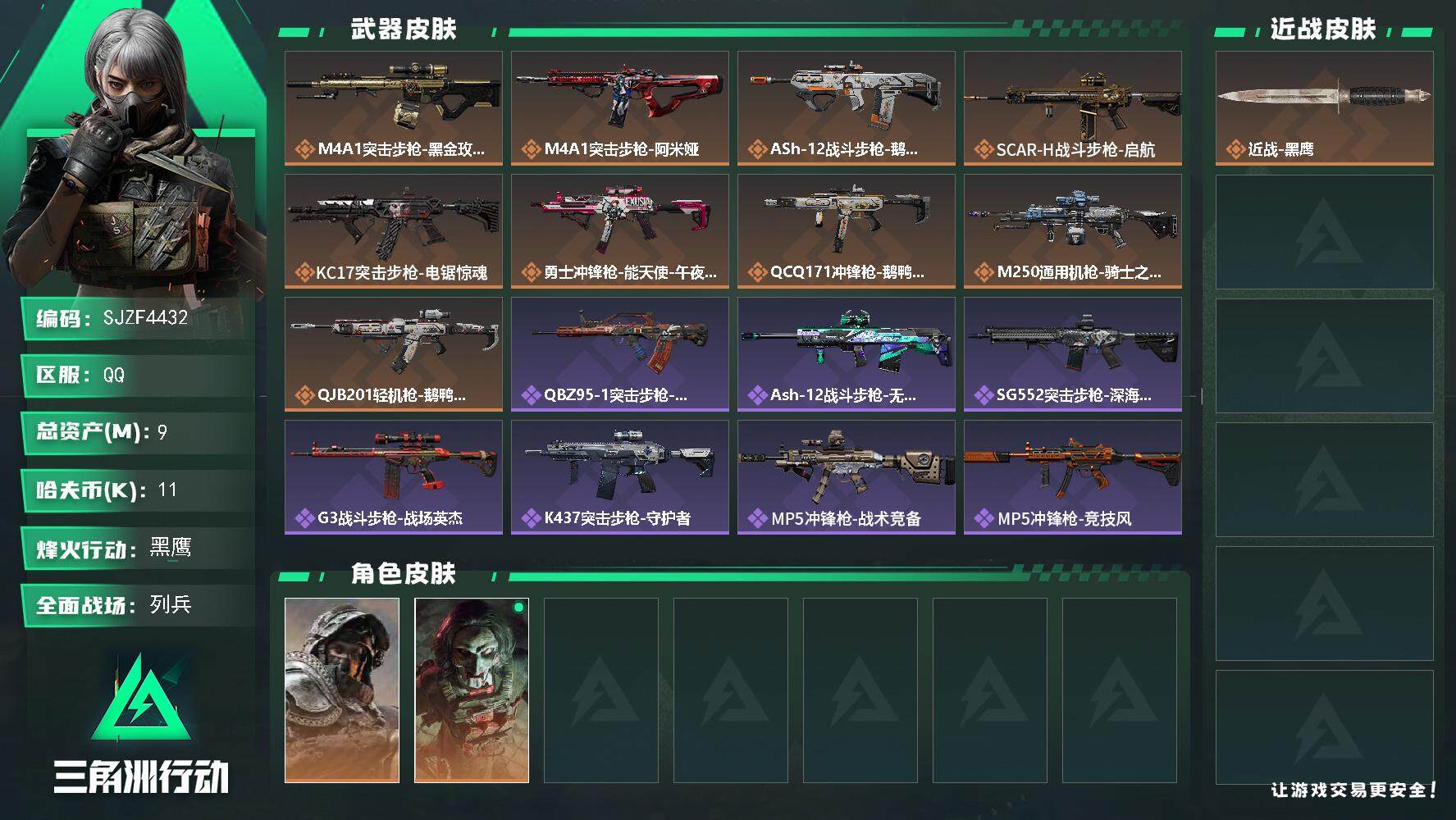 三角洲行动账号QQ【SJZF4432】总资产(M)：9M/哈夫币(K)：11K/哈夫币(K)：11K/全面战场等级：9_段位：列兵/烽火地带等级：60_段位：黑鹰/深蓝-不破誓约/红狼-电锯惊魂/近战-黑鹰/M4A1
