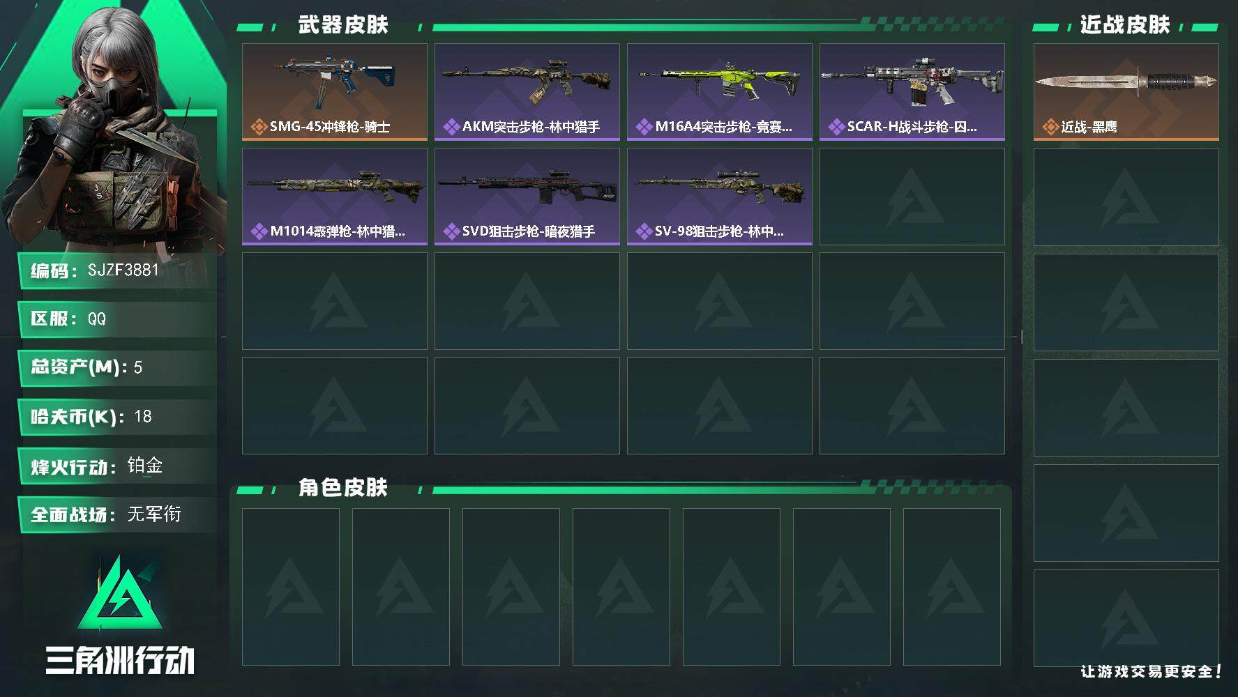 三角洲行动账号QQ【SJZF3881】总资产(M)：5M/哈夫币(K)：18K/哈夫币(K)：18K/全面战场等级：1_段位：无段位/烽火地带等级：56_段位：铂金/近战-黑鹰/SMG-45冲锋枪-骑士/AKM突击步