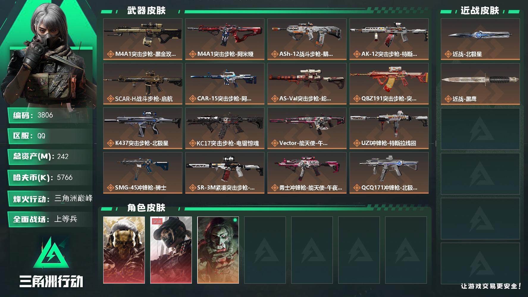 三角洲行动账号QQ总资产(M)：242M/哈夫币(K)：5766K/哈夫币(K)：5766K/全面战场等级：46_段位